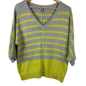 Jcp Sweater Cute Pull Over Gray Lime Green Stripped V Neck 3/4 Sleeve Warm S NWT